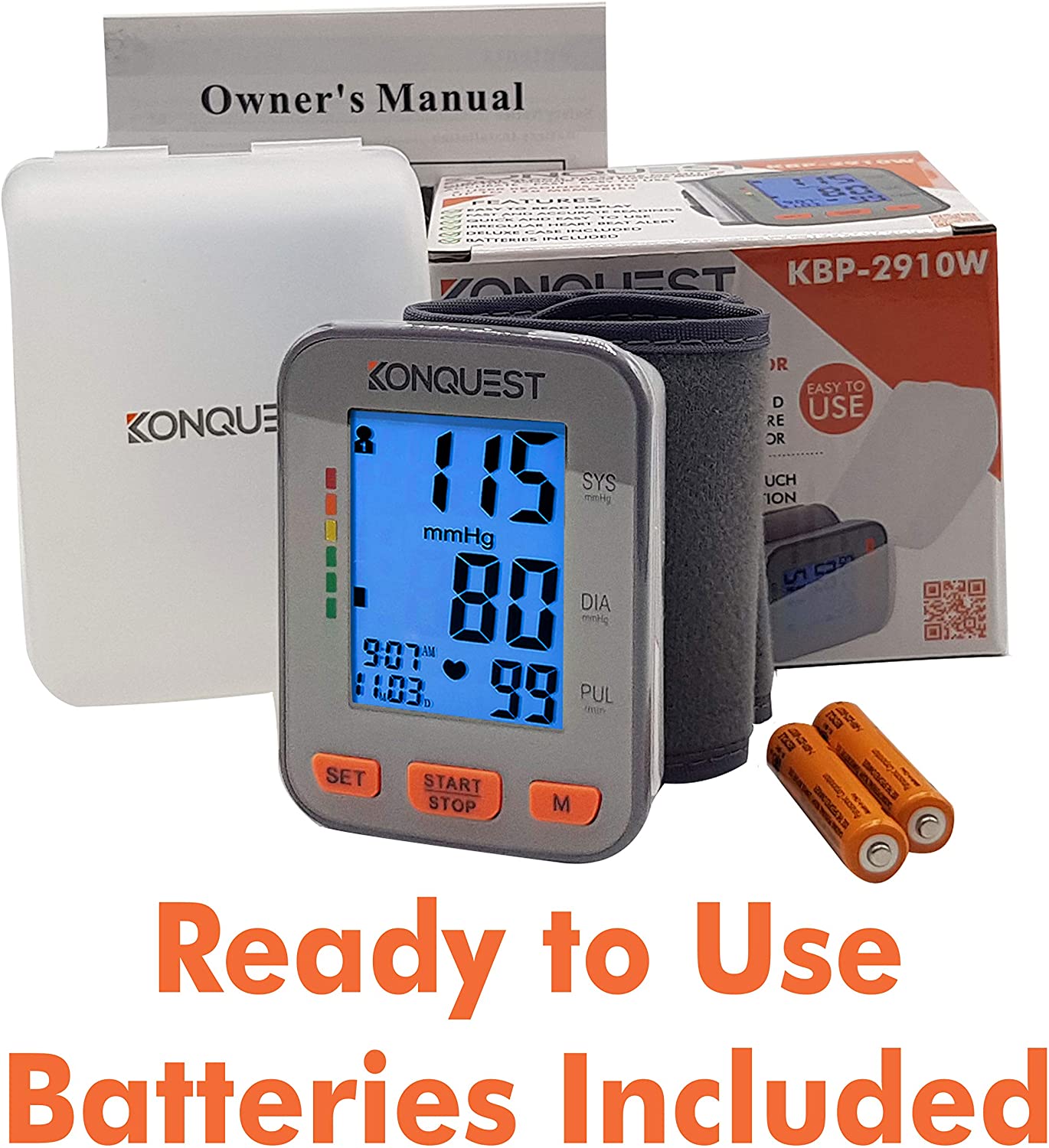  Konquest KBP-2910W Automatic Wrist Blood Pressure Monitor -  Accurate - Adjustable Cuff, Large Screen Display - Portable Case -  Irregular Heartbeat Detector - Tensiometro : Health & Household